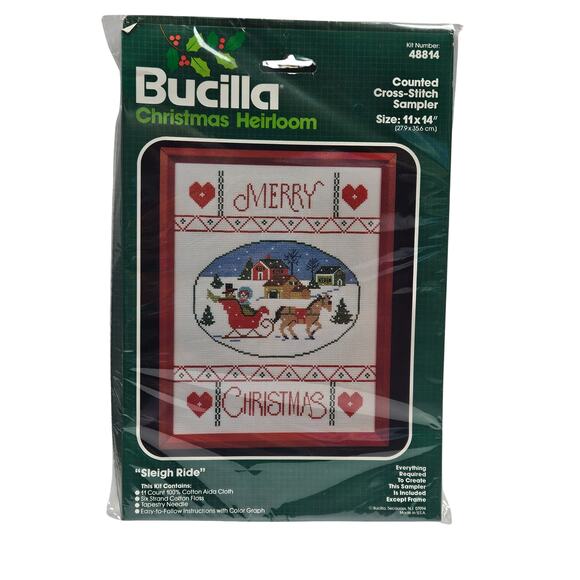 VTG Bucilla Christmas Heirloom Counted Cross-Stitch Sampler Kit Sleigh Ride Samp - Picture 1 of 7